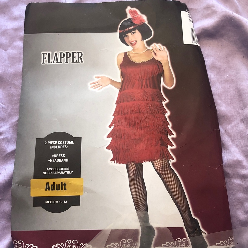Paladin flapper costume/ Med/red/feather headband gold braid neck detail/fringe
